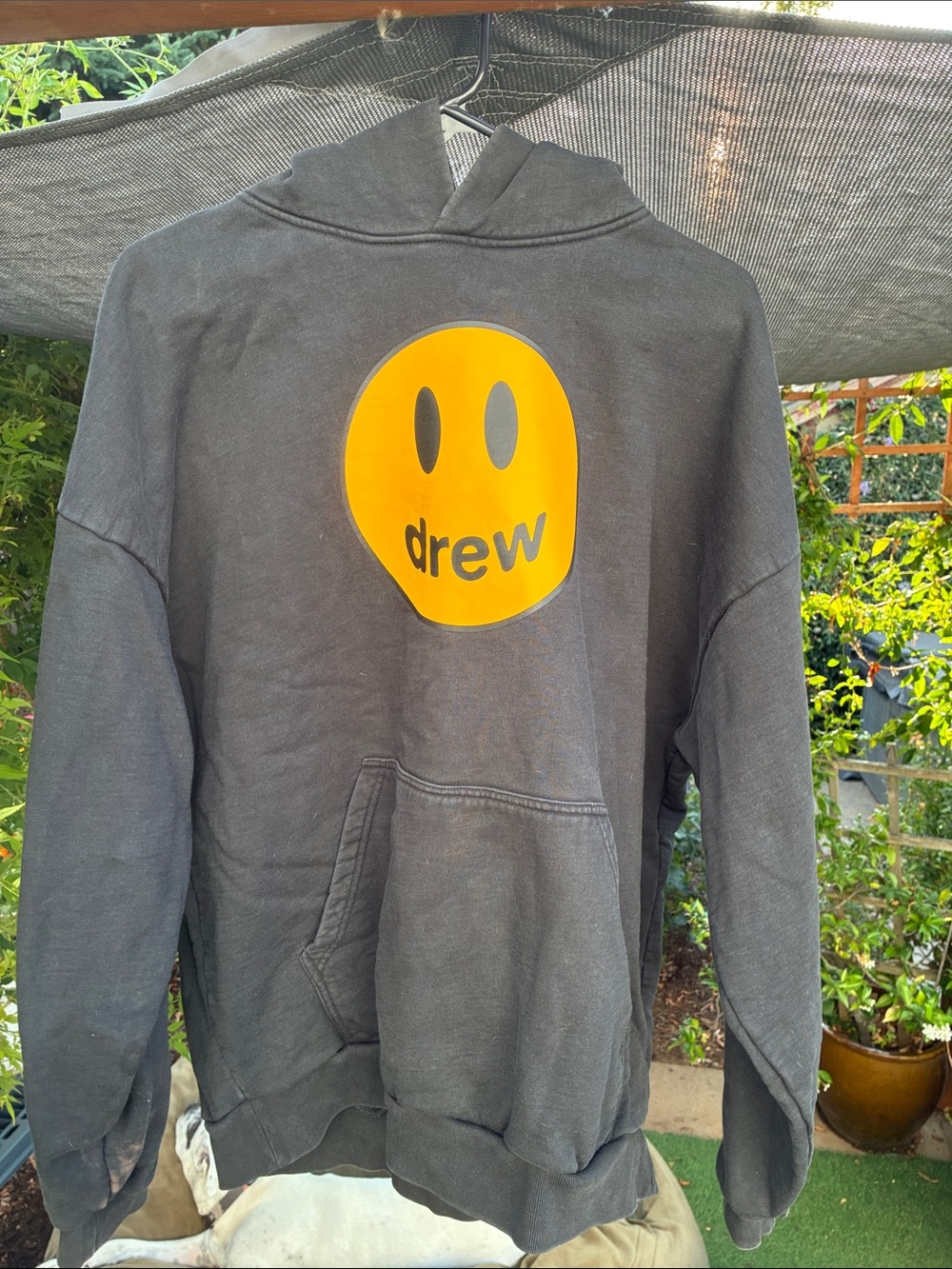 DREW Black Hoodie with Yellow Smiley Logo, Size S